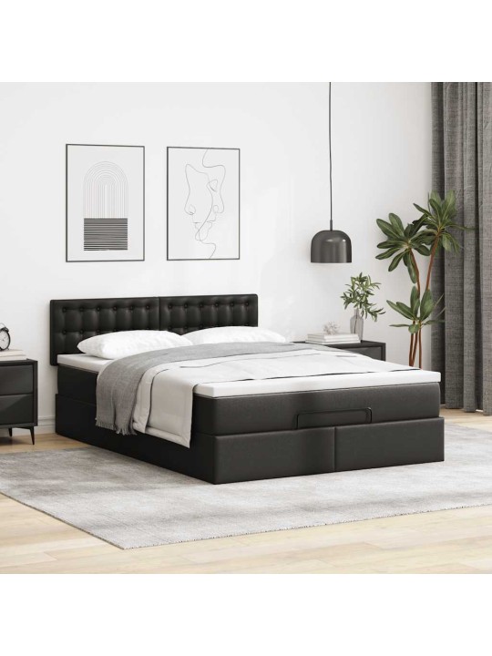 Osmaņu gulta ar matračiem un led, melns, 140x200cm mākslīgā āda