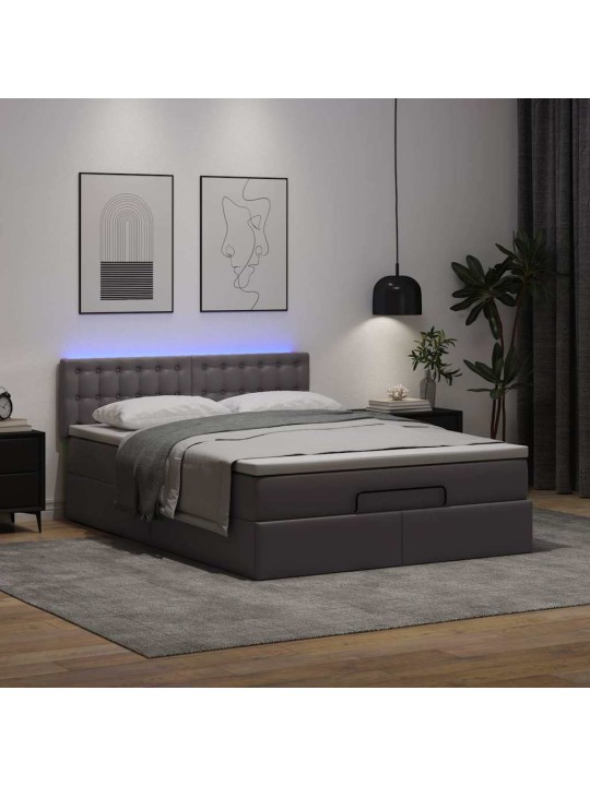 Osmaņu gulta ar matračiem un led, pelēks 140x200cm mākslīgā āda