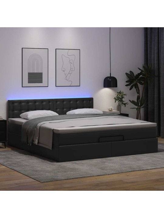 Osmaņu gulta ar matračiem un led, melns, 160x200cm mākslīgā āda