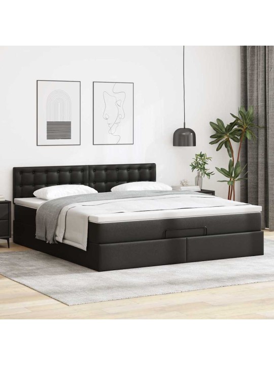 Osmaņu gulta ar matračiem un led, melns, 160x200cm mākslīgā āda