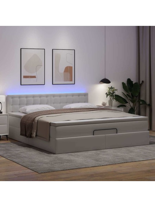 Osmaņu gulta ar matračiem un led, balts, 160x200cm mākslīgā āda