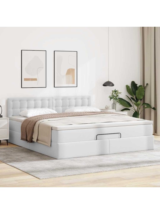 Osmaņu gulta ar matračiem un led, balts, 160x200cm mākslīgā āda