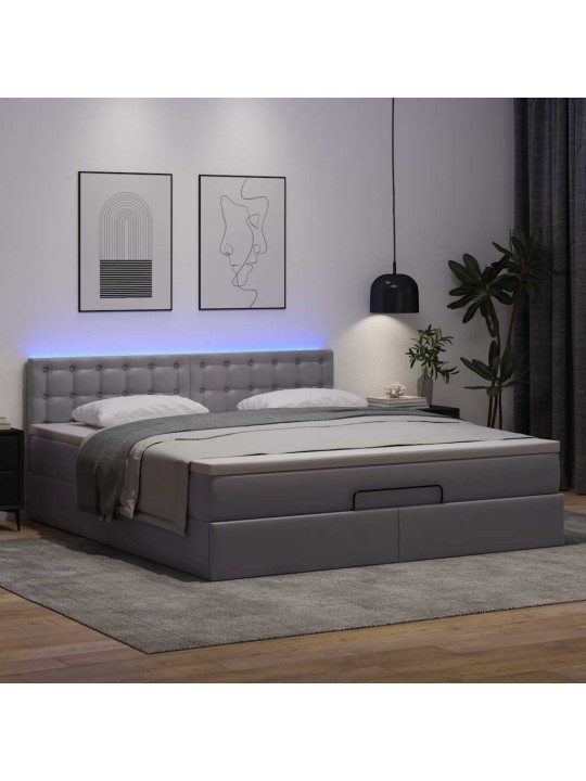 Osmaņu gulta ar matračiem un led, pelēks 180x200cm mākslīgā āda
