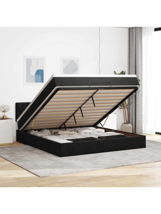 Osmaņu gultas rāmis ar matraci un led melns 160x200cm samts
