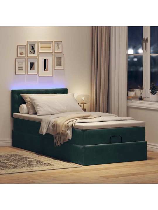 Osmaņu gulta ar matraci & leds, tumši zaļš, 90x200 cm, samts
