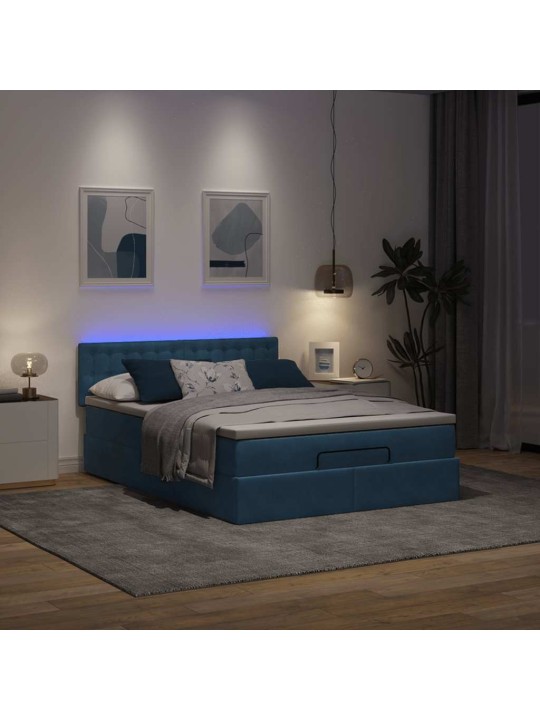 Osmaņu gulta ar matraci & leds, tumši zils, 140x190cm, samts