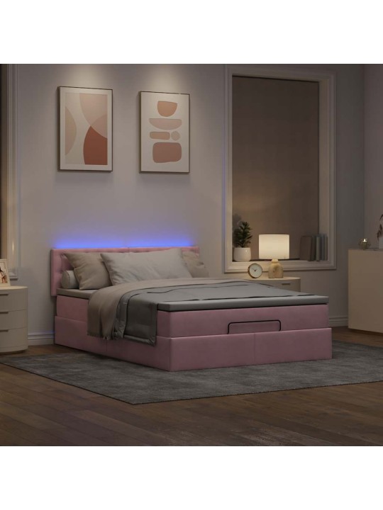 Osmaņu gulta ar matraci & leds, rozā, 140x190cm, samts