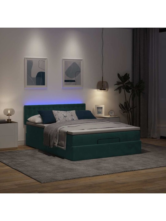 Osmaņu gulta ar matraci & leds, tumši zaļš, 140x200cm, samts