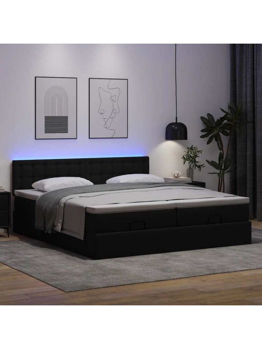Osmaņu gulta ar matračiem un led, melns, 180x200cm mākslīgā āda