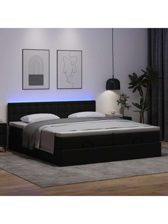 Osmaņu gultas rāmis ar matračiem melns 200x200 cm mākslīgā āda