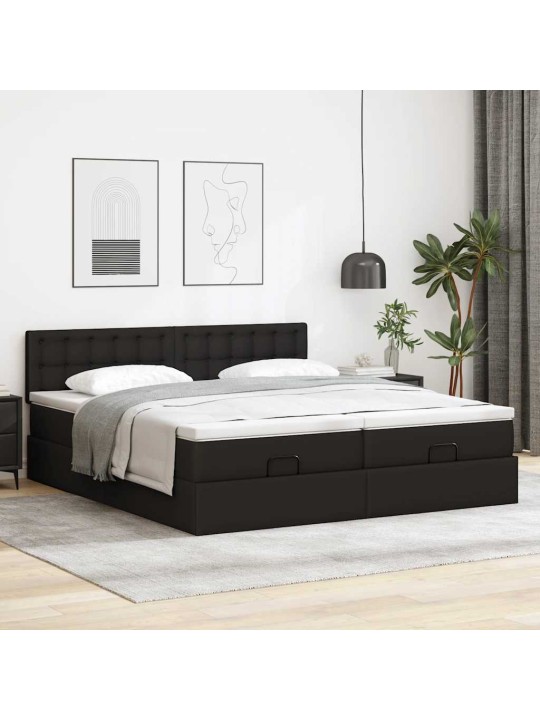 Osmaņu gultas rāmis ar matračiem melns 200x200 cm mākslīgā āda