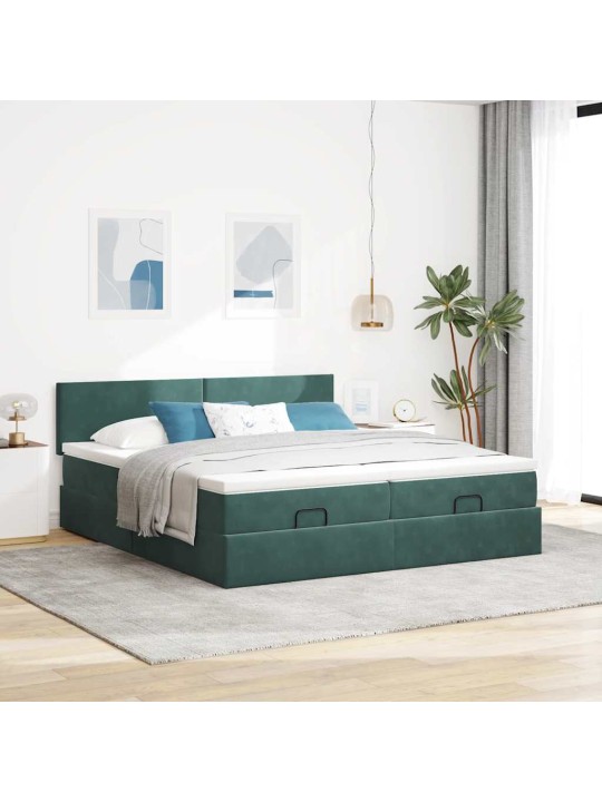 Osmaņu gultas rāmis ar matračiem tumši zaļš 180x200cm audums