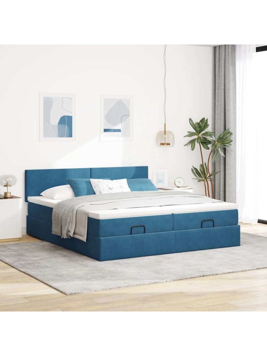 Osmaņu gultas rāmis ar matračiem tumši zils 180x200cm audums