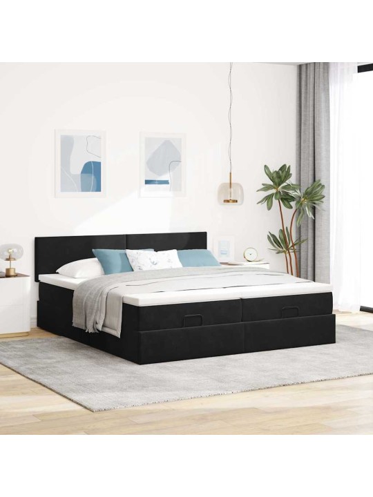 Osmaņu gultas rāmis ar matračiem melns 200x200cm audums