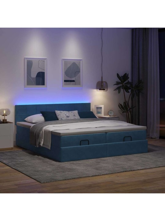 Osmaņu gultas rāmis ar matračiem tumši zils 180x200cm audums