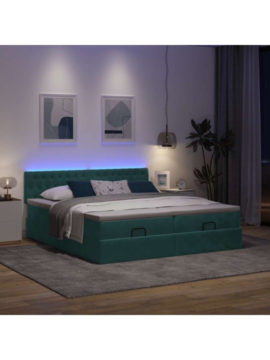 Osmaņu gultas rāmis ar matračiem tumši zaļš 180x200cm audums