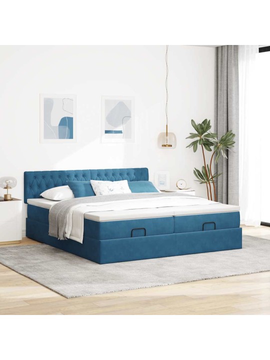 Osmaņu gultas rāmis ar matračiem tumši zils 180x200cm audums
