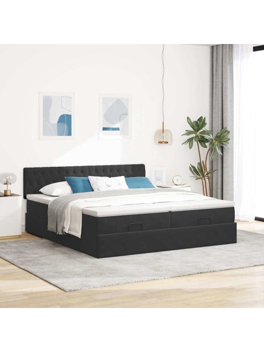 Osmaņu gultas rāmis ar matračiem melns 200x200cm audums
