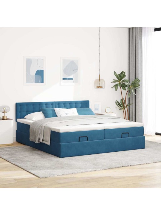 Osmaņu gultas rāmis ar matračiem tumši zils 180x200cm audums
