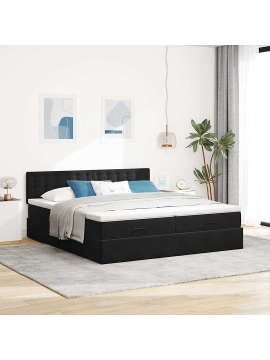 Osmaņu gultas rāmis ar matračiem melns 200x200cm audums
