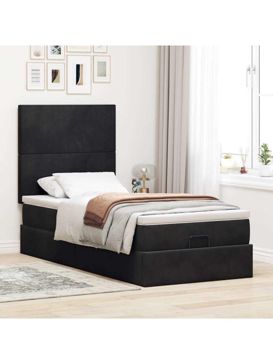 Osmaņu gultas rāmis ar matračiem melns 90x200cm samts