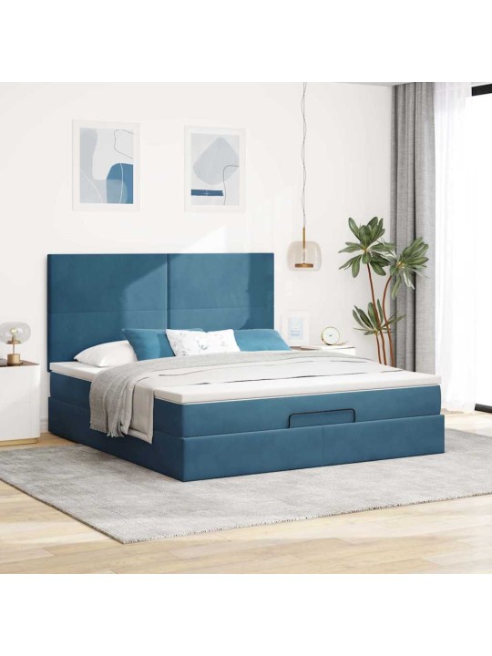 Osmaņu gultas rāmis ar matračiem tumši zils 160x200cm audums