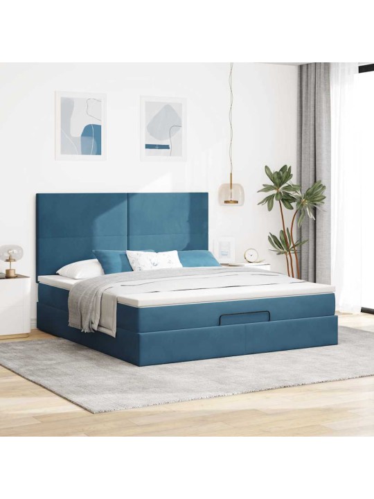Osmaņu gultas rāmis ar matračiem tumši zils 180x200cm audums
