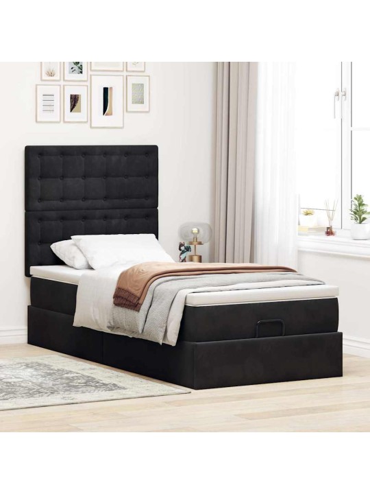 Osmaņu gultas rāmis ar matračiem melns 90x190 cm samts