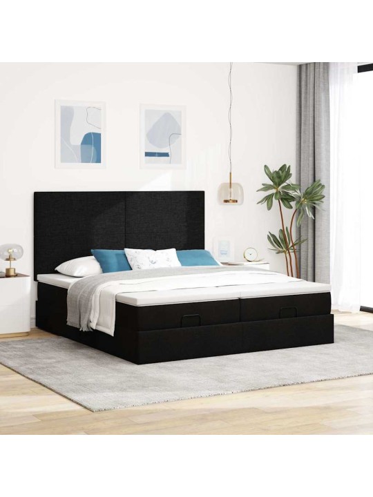 Osmaņu gultas rāmis ar matračiem melns 200x200cm audums