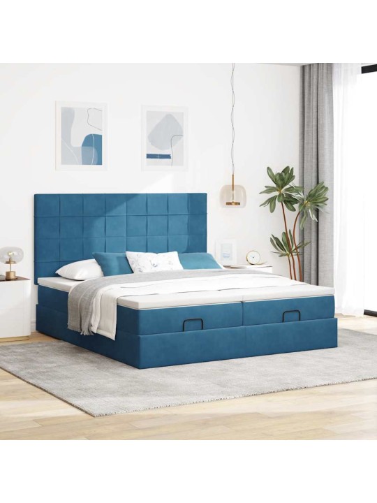 Osmaņu gultas rāmis ar matračiem tumši zils 180x200cm audums