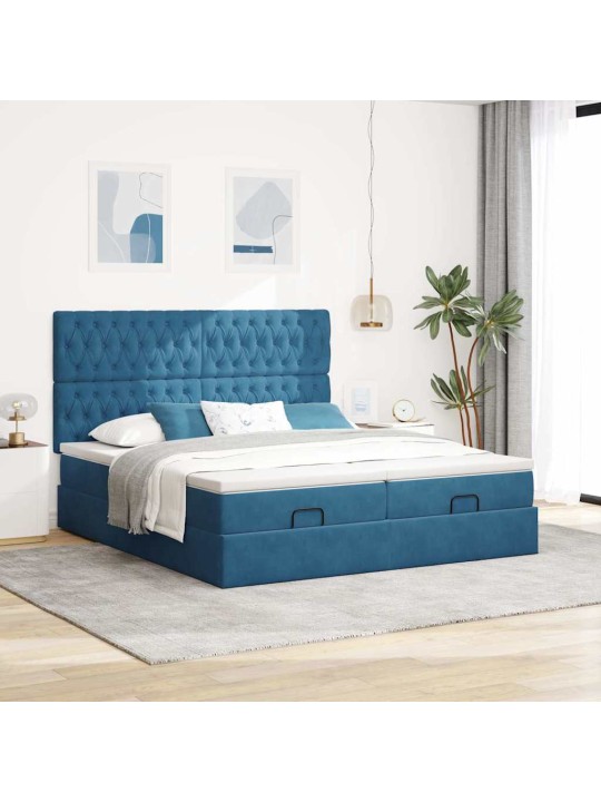 Osmaņu gultas rāmis ar matračiem tumši zils 180x200cm audums