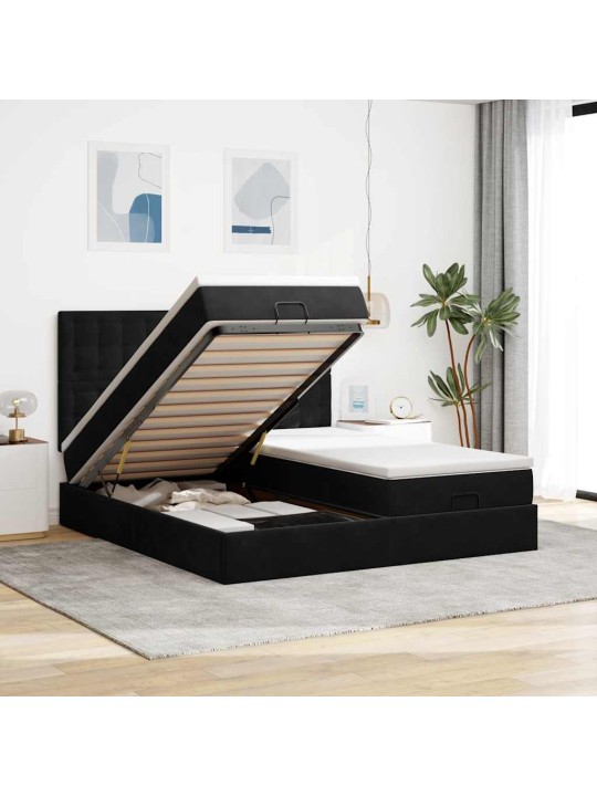Osmaņu gultas rāmis ar matračiem melns 200x200cm audums
