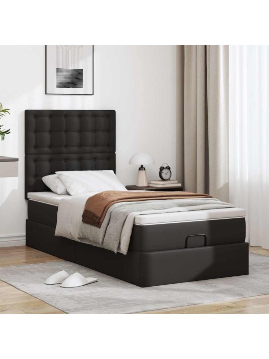Osmaņu gultas rāmis ar matraci melns 80x200cm mākslīgā āda