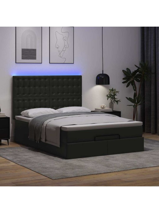 Osmaņu gulta ar matraci un leds, melns 140x190cm mākslīgā āda