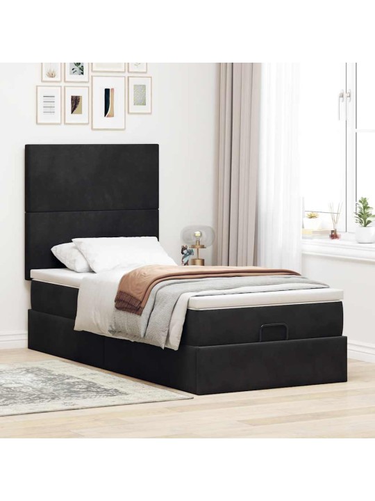 Osmaņu gultas rāmis ar matračiem melns 100x200cm samts