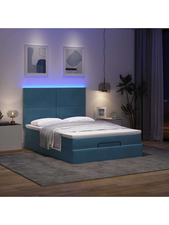 Osmaņu gulta ar matračiem & leds, tumši zils, 140x190cm, samts