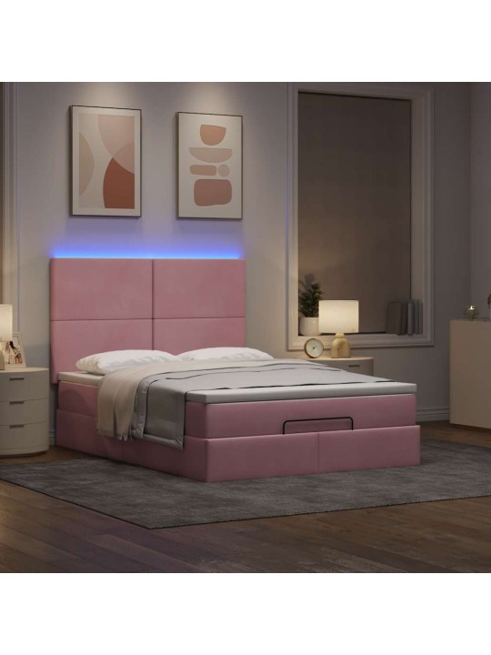 Osmaņu gulta ar matračiem & leds, rozā, 140x190cm, samts