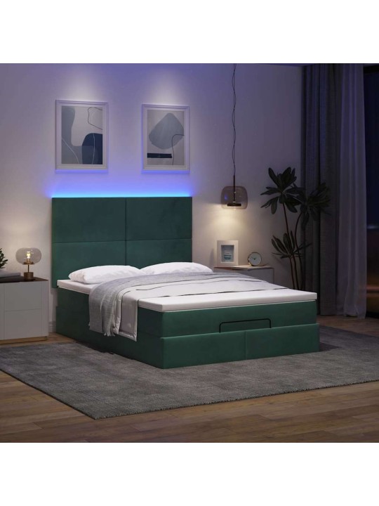 Osmaņu gulta ar matračiem & leds, tumši zaļš, 140x200cm, samts