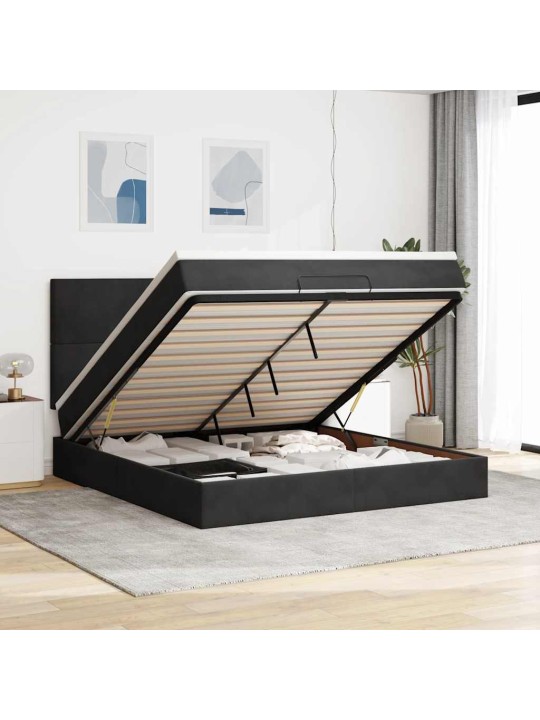 Osmaņu gultas rāmis ar matračiem melns 180x200cm audums