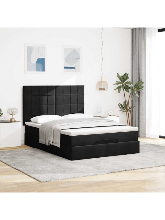 Osmaņu gultas rāmis ar matračiem melns 140x190 cm samts