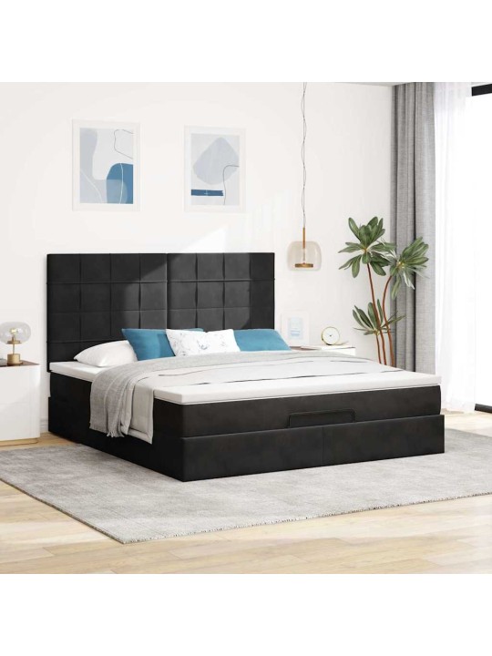 Osmaņu gultas rāmis ar matračiem melns 180x200cm audums