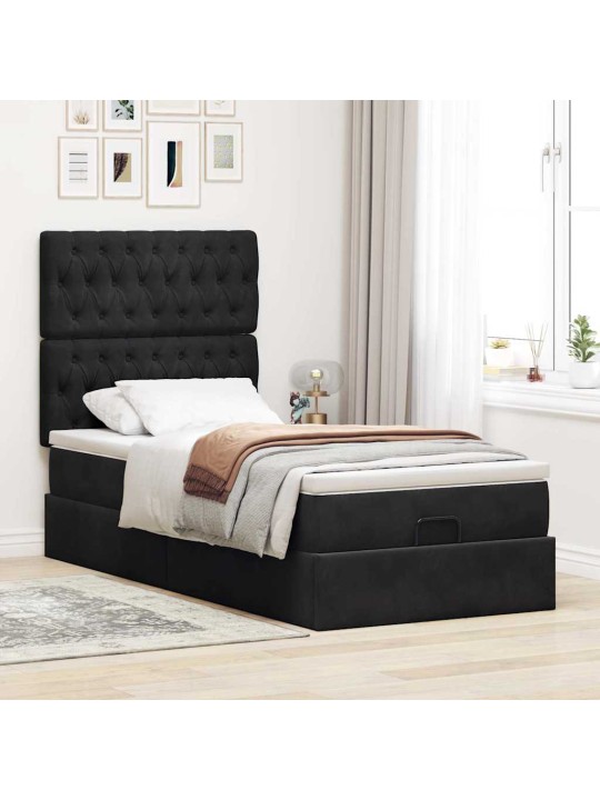 Osmaņu gultas rāmis ar matračiem melns 90x190 cm samts