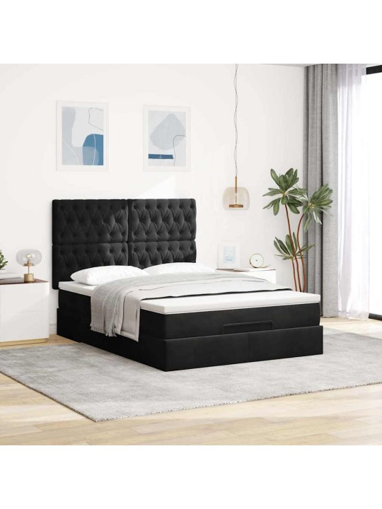 Osmaņu gultas rāmis ar matračiem melns 140x190 cm samts
