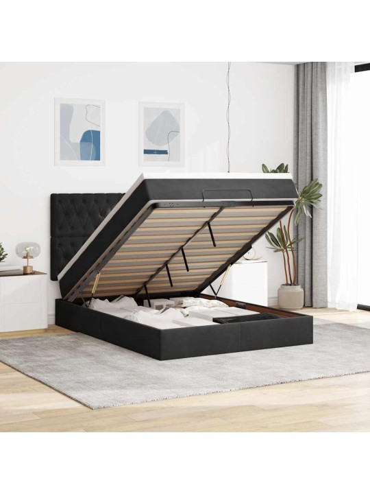 Osmaņu gultas rāmis ar matračiem melns 140x190 cm samts
