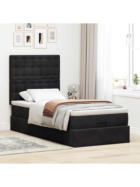 Osmaņu gultas rāmis ar matračiem melns 90x190 cm samts