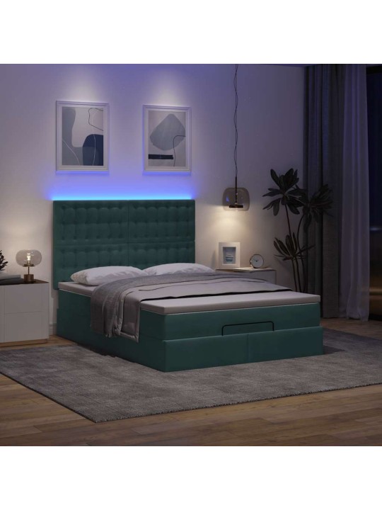 Osmaņu gulta ar matračiem & leds, tumši zaļš, 140x200cm, samts