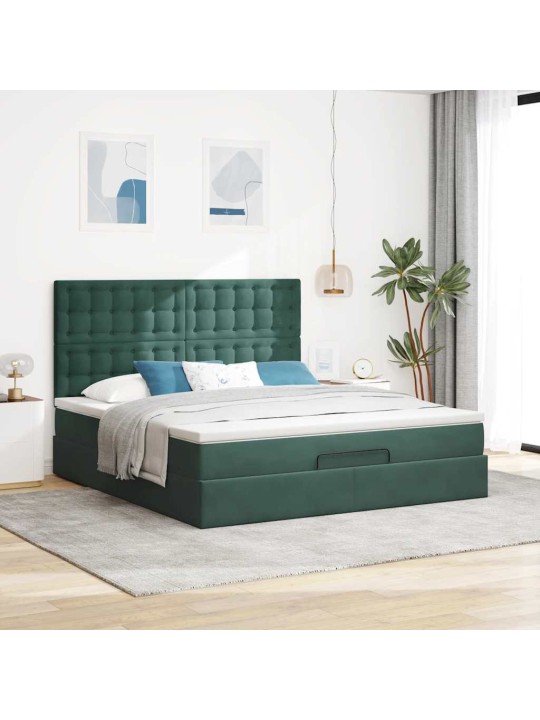 Osmaņu gultas rāmis ar matračiem tumši zaļš 180x200cm audums