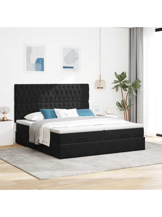 Osmaņu gultas rāmis ar matračiem melns 200x200cm audums