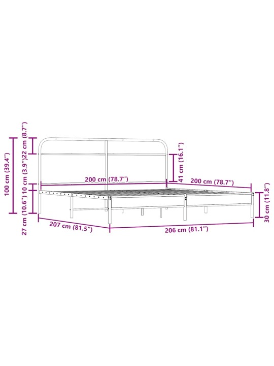 Gultas rāmis bez matrača, metāls, 200x200cm, ozolkoka imitācija