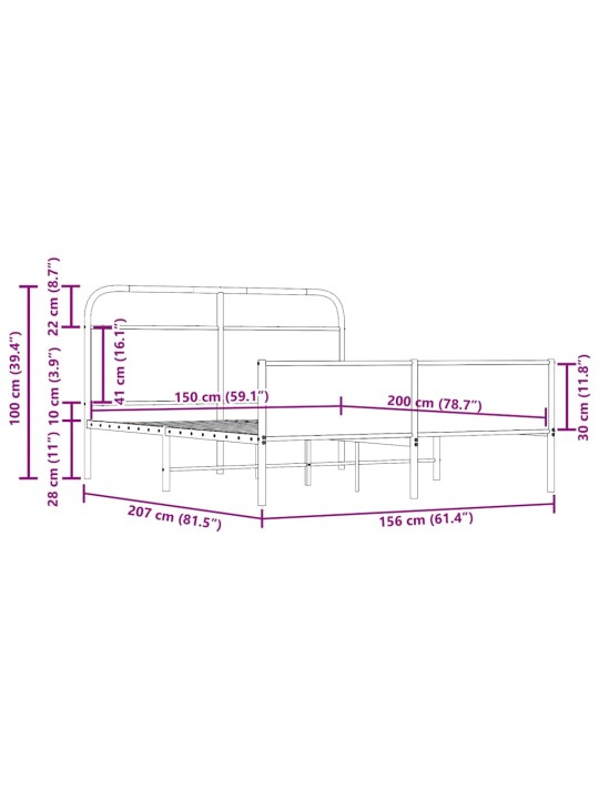 Gultas rāmis bez matrača, metāls, 150x200 m, ozolkoka imitācija